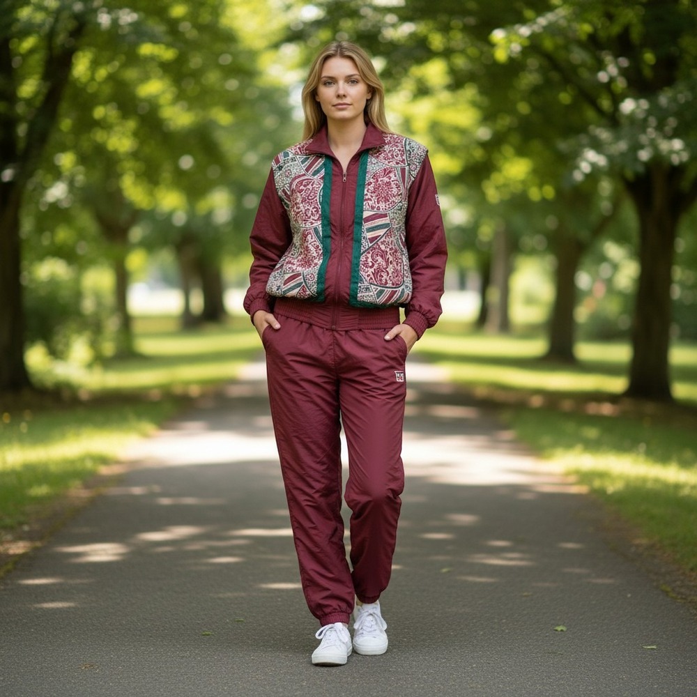 Vintage Track Suit Women Large Burgundy Paisley 90s Windbreaker 2pc Set Good
